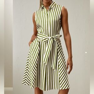 Lilysilk Striped Sleeveless Green/ White pinstripe Midi Dress belt missing